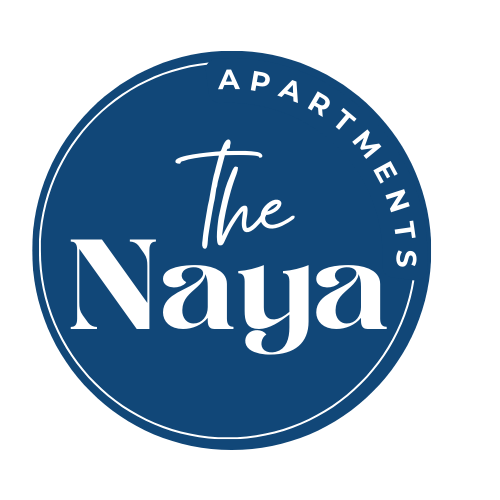 The Naya apartments logo in white on a blue background.